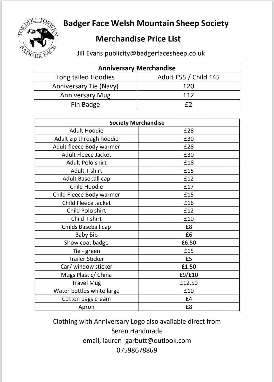 Badger face welsh mountain merchandise price list